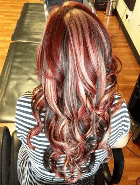 brown hair with red and blonde highlights